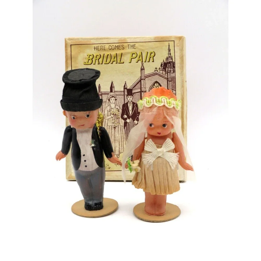 Antique Celluloid Bride and Groom Wedding Doll Couple Japan in Original Box